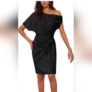 Grace Karin Sz M Sequin Asymmetric Off Shoulder Bodycon Midi Dress Black NWT